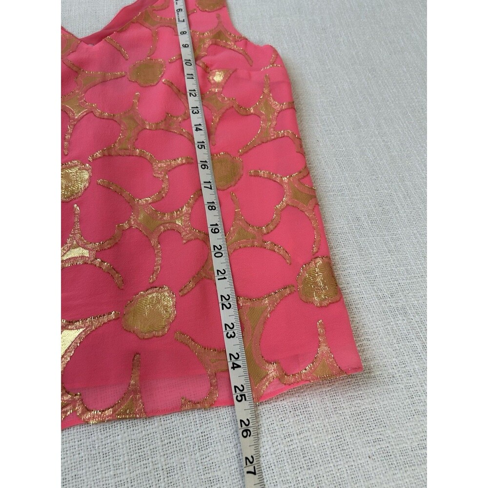 Lilly Pulitzer Tank Top Pink 100% Silk Gold Metallic Flower Pattern Boxy Size M - Picture 5 of 9